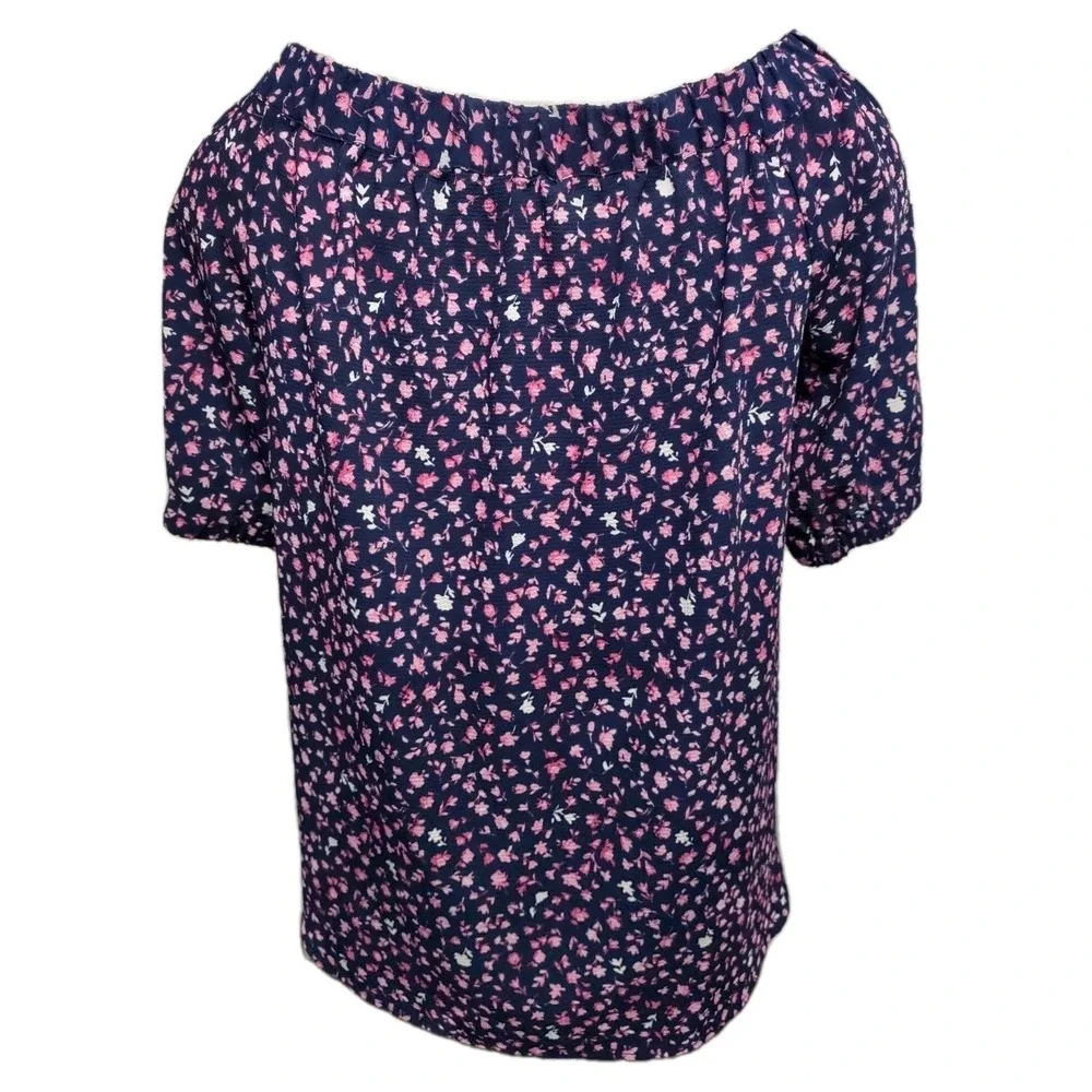 Michael Kors Blouse Women's Size L Short Sleeve Elastic Collar Navy Blue Floral